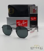 Lunettes de soleil Ray-Ban Hexagonal Flat Lenses RB3548N monture métallique noire mate avec verres minéraux noirs, étui et boîte d'origine.